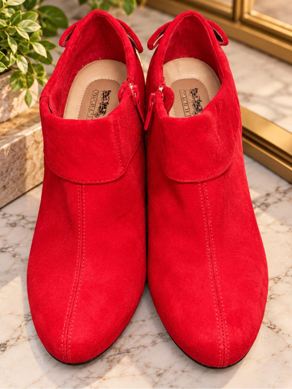 Coach and Four Red Suede Ankle Booties Heeled Zip Up Women’s Shoes.